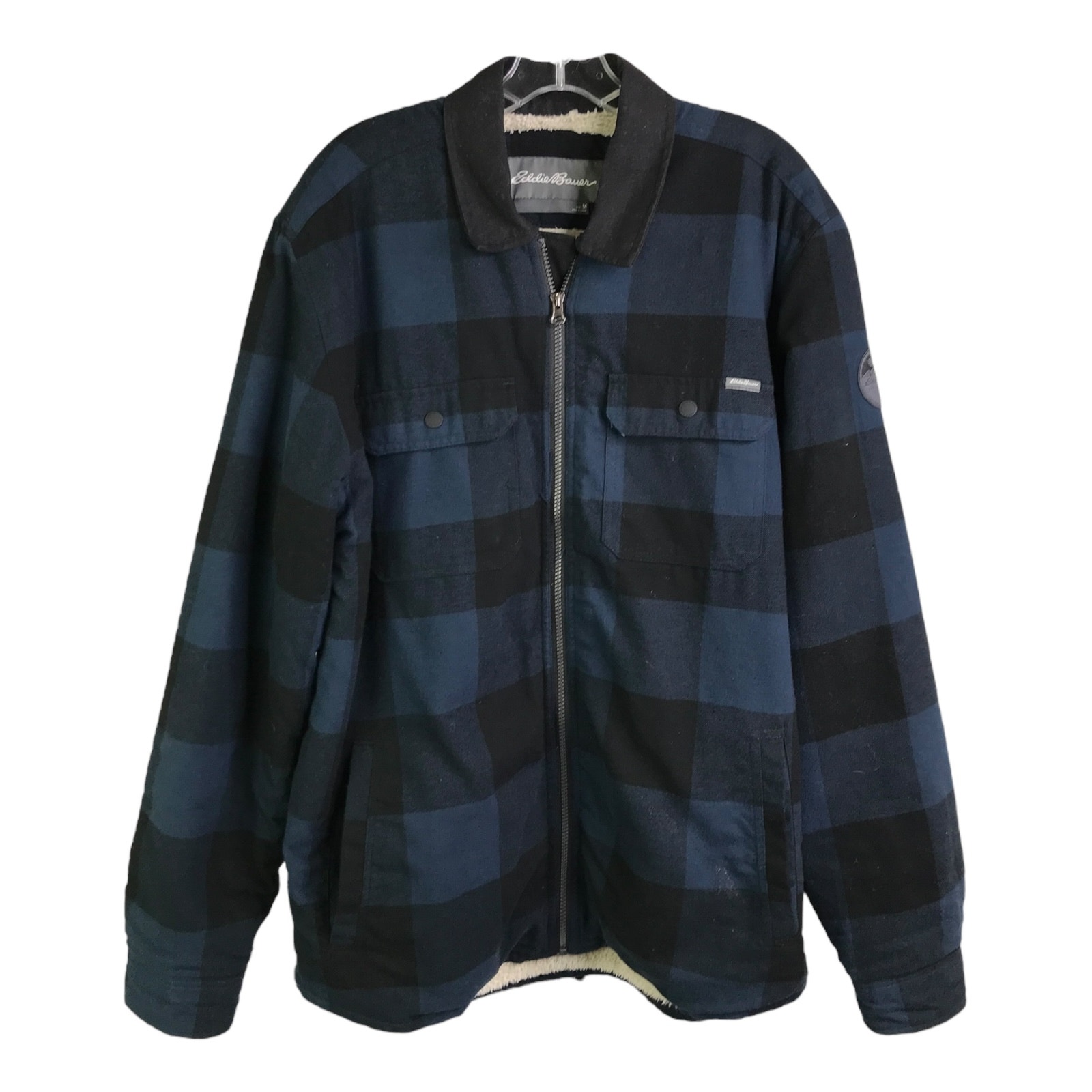 Eddie Bauer Jacket Mens Sz M Blue Black Checkered Flannel Fleece Lined Full Zip